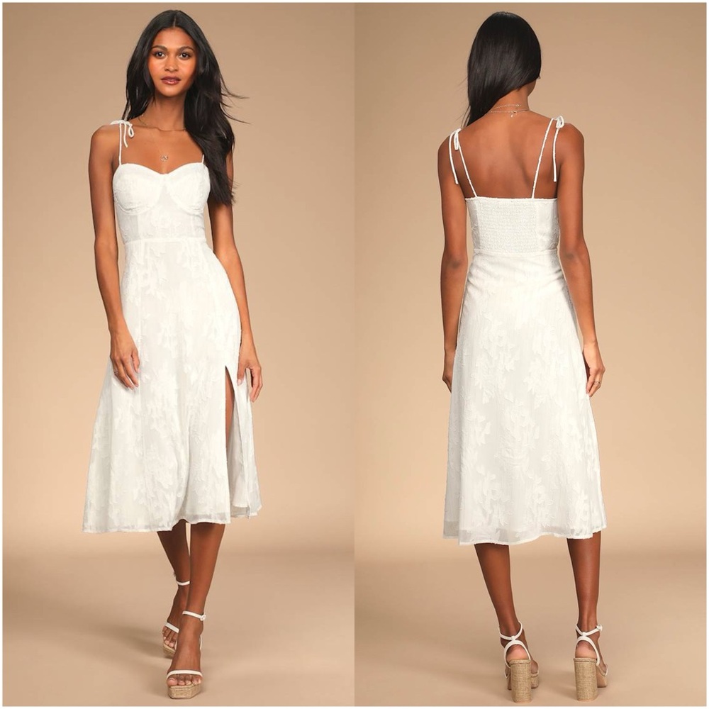 Lulu's White Midi Lace Dress with Tie Straps